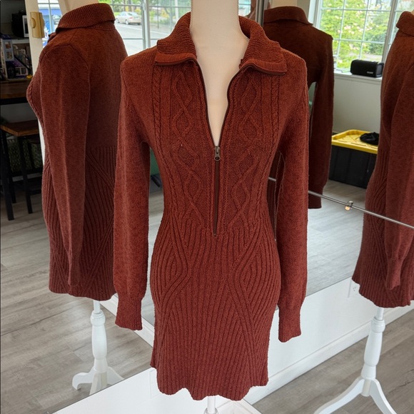 Free People Dresses & Skirts - Free People Rust Cable-Knit Zip-Front Sweater Dress